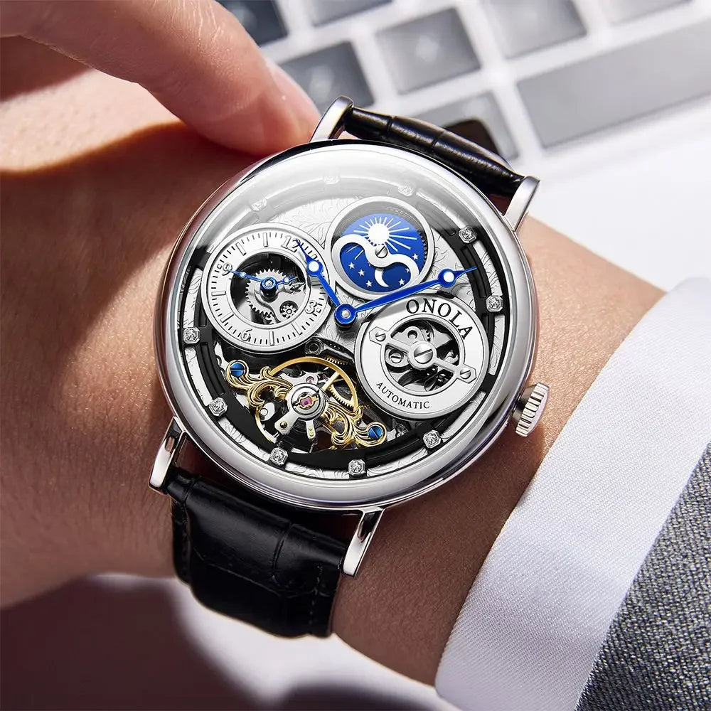 Automatic Movement Dual Time Zone Moon Phase Waterproof Tourbillon Mechanical Watch
