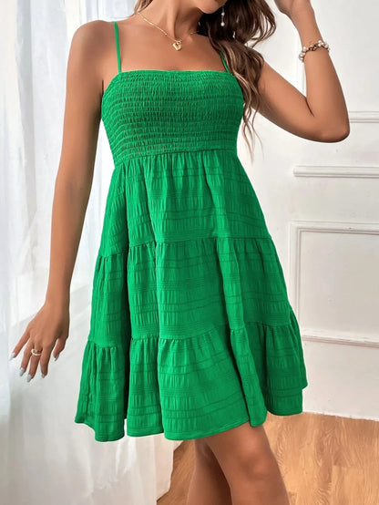 Spaghetti Strap Smocked Bustier Mini Swing Dress