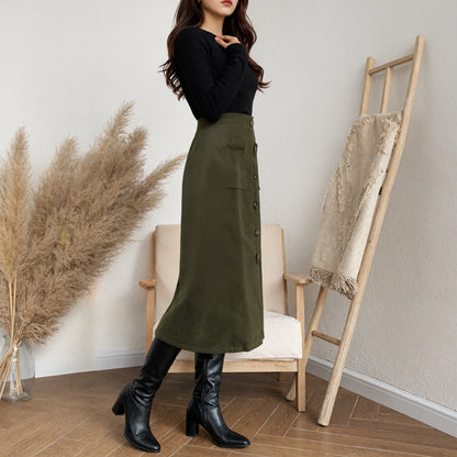 Vintage Green High Waist  Button Up Pocket Midi Long Skirts