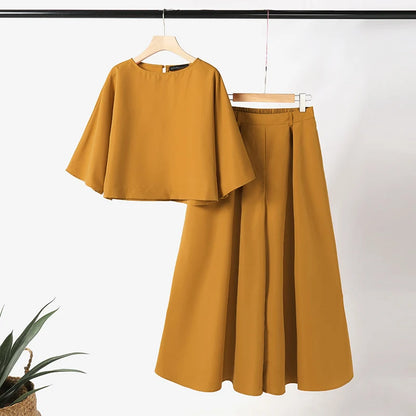 3/4 Sleeve Blouse Trousers Suits Wide Leg Pants Sets