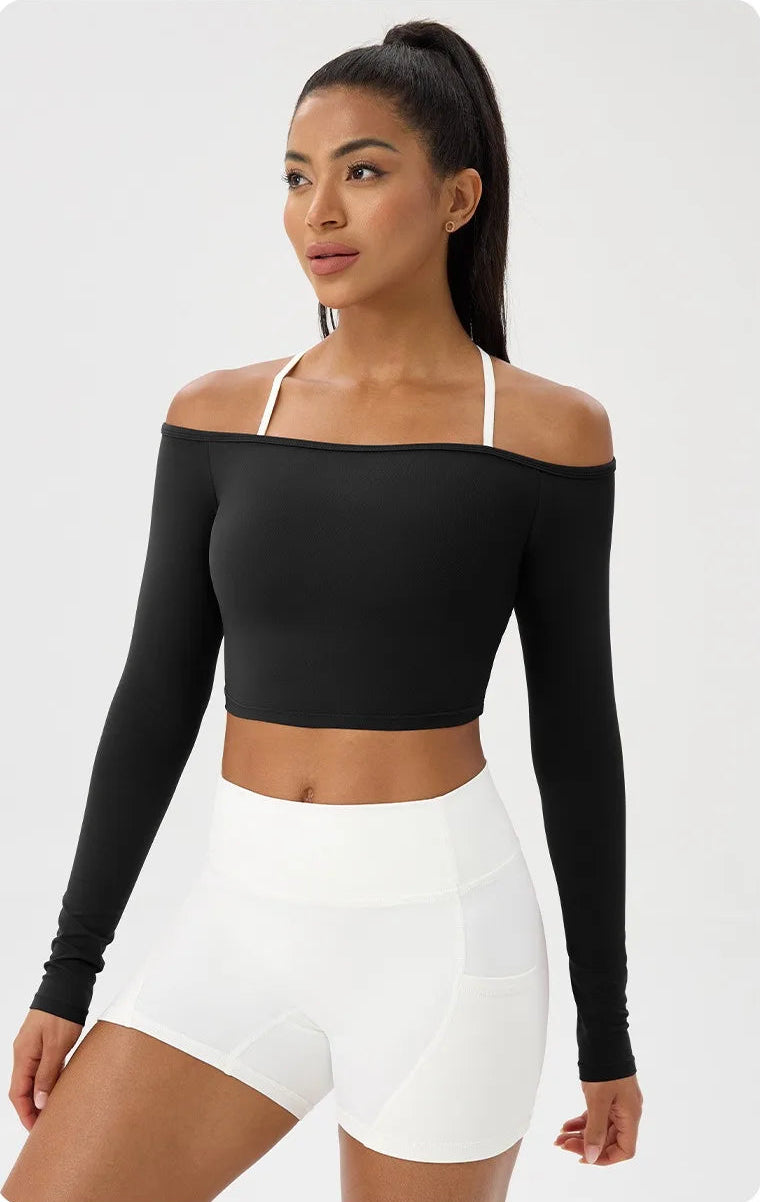 Sexy Off Shoulder Yoga Top Long Sleeve Gym Running Shirt