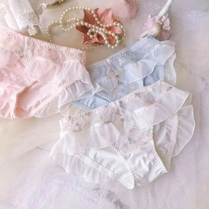 Milk Silk Smooth Soft Flower Embroidery Luxury Advanced Ruffles Underwear