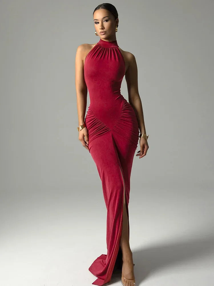 Mozision Halter Ruched Sleeveless Sexy Maxi Dress