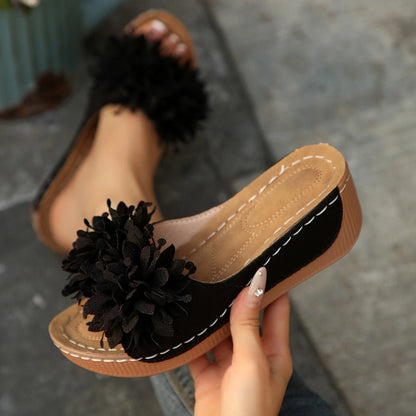Flower Decoration Wedge Open Toe Slip Sole Sandals