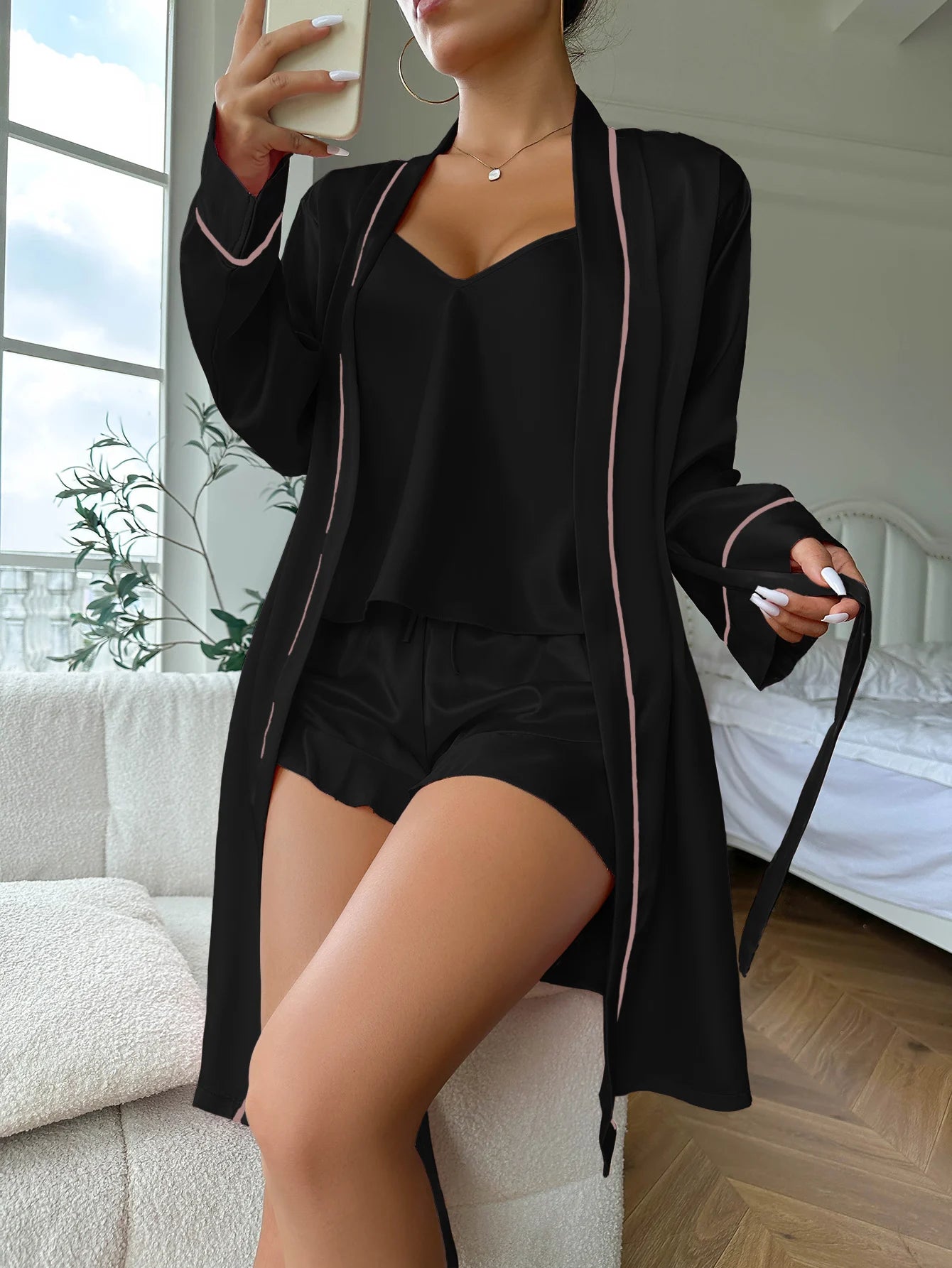 Satin Long Sleeve Belted Robe Lingerie Pyjamas