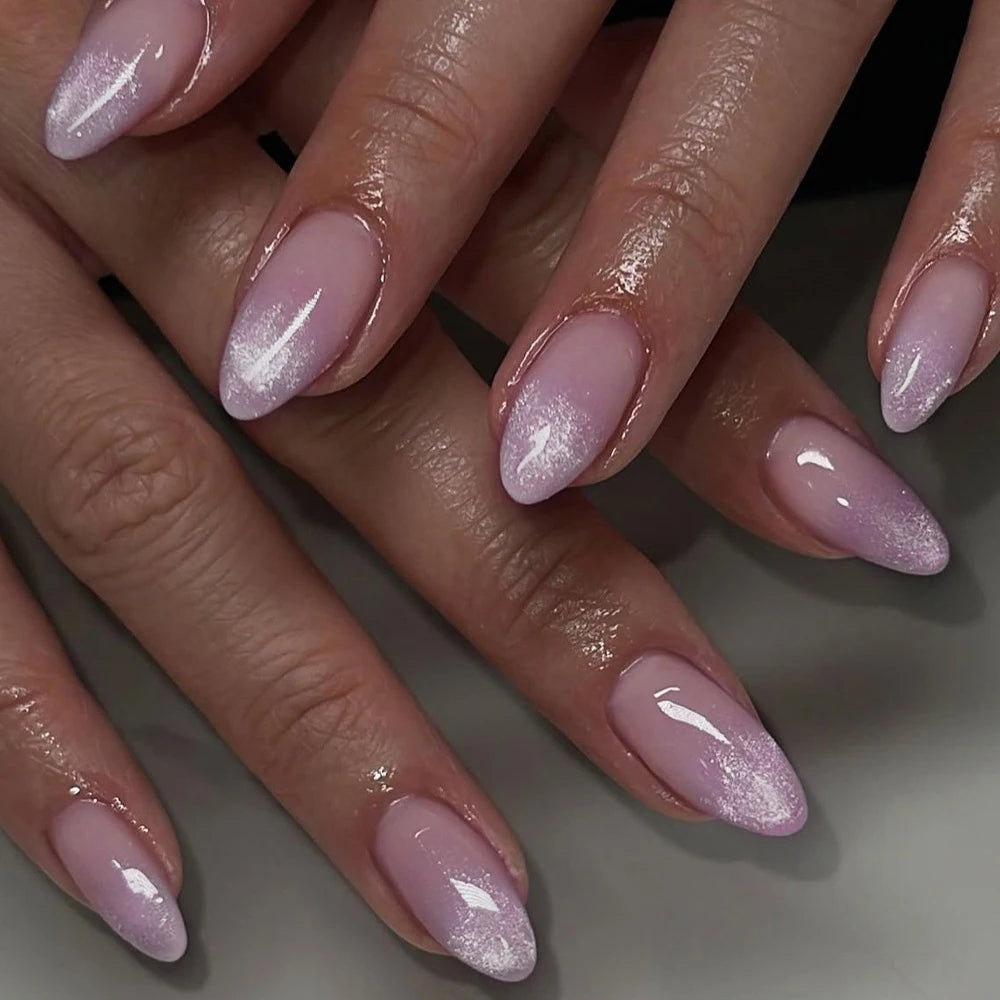 24Pcs Metallic Cat Eye French Sheer Manicure Tip Art Textured 3D Acrylic False Nails