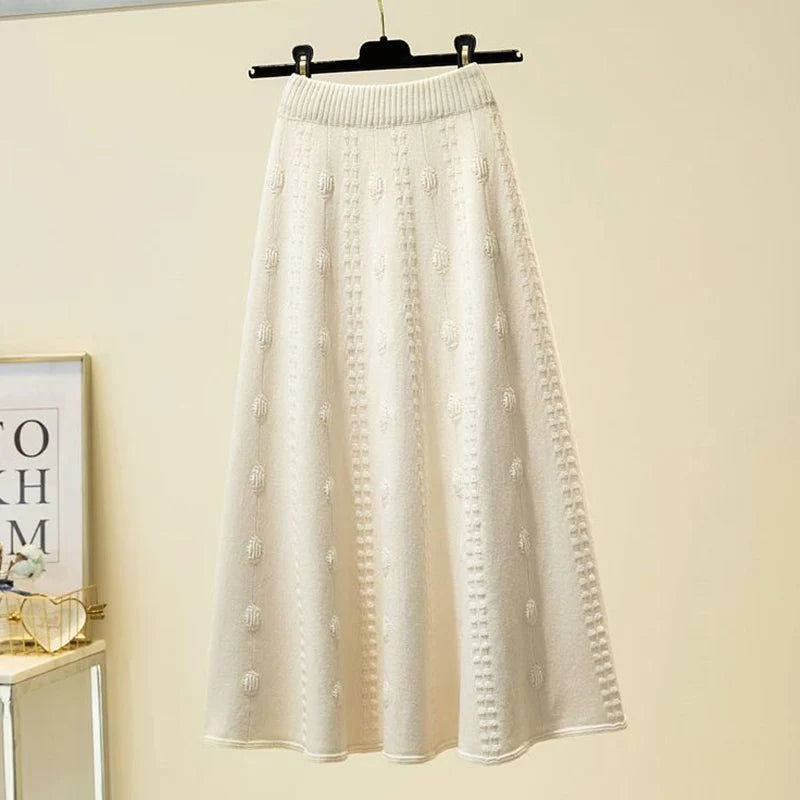 Autumn Winter Knitting Long Elegant  High Waist Elastic Soft Midi Skirts