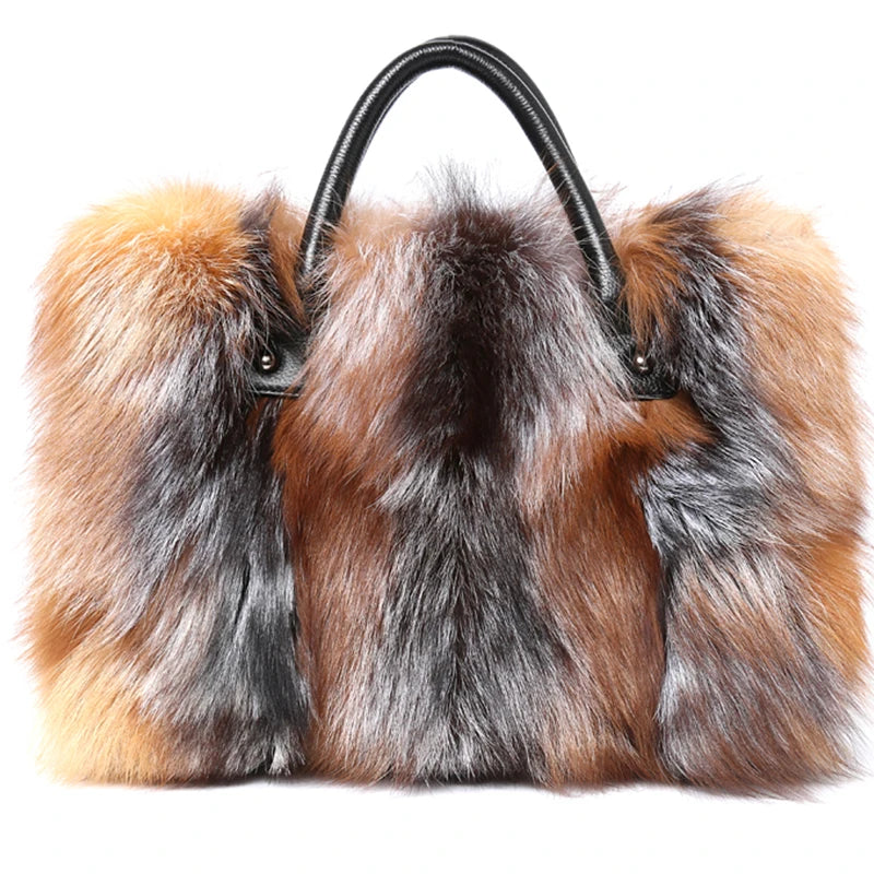 Real Fox Fur Large Size Plush Crossbody Luxury Handbags Fluffy Tote Bag