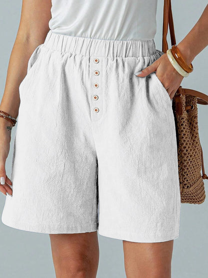 Summer Casual Loose Pocket Buttoned Linen Shorts