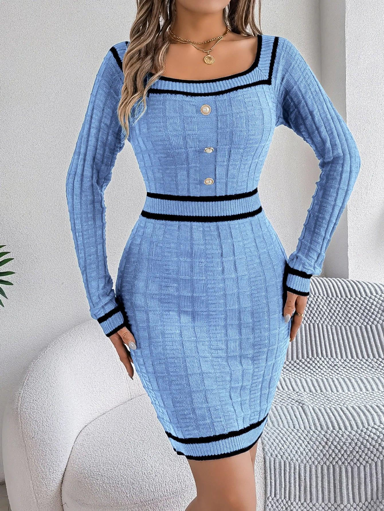 Elegant Square Collar Button Long Sleeve Dress