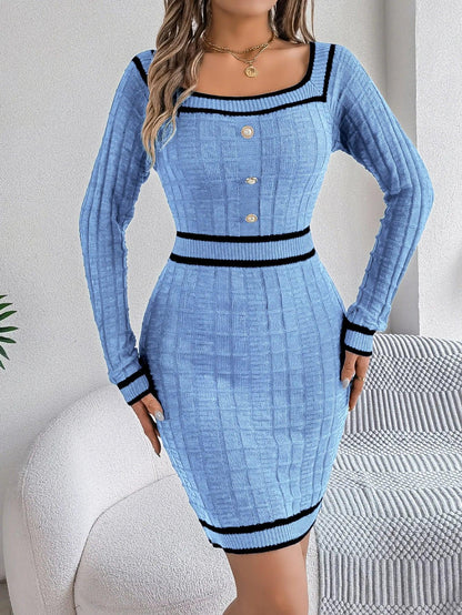 Elegant Square Collar Button Long Sleeve Dress