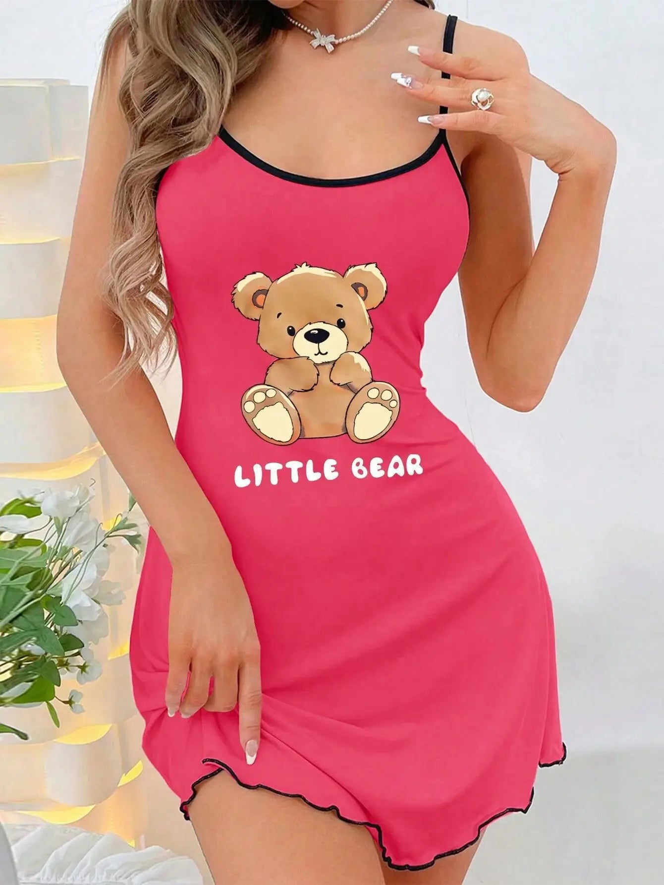 Little Bear Print Spaghetti Strap Sleep Dress