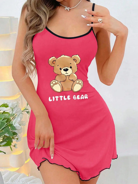 Little Bear Print Spaghetti Strap Sleep Dress