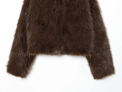 Faux fur Fall/Winter Effect Round Neck Long Sleeve Short Jacket