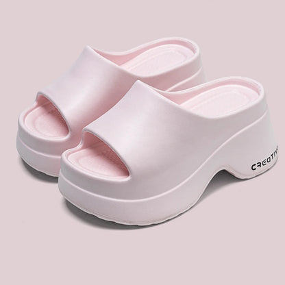 Elegant Pink Platform Wedge Heel Soft Lightweight Thick Bottom Slippers