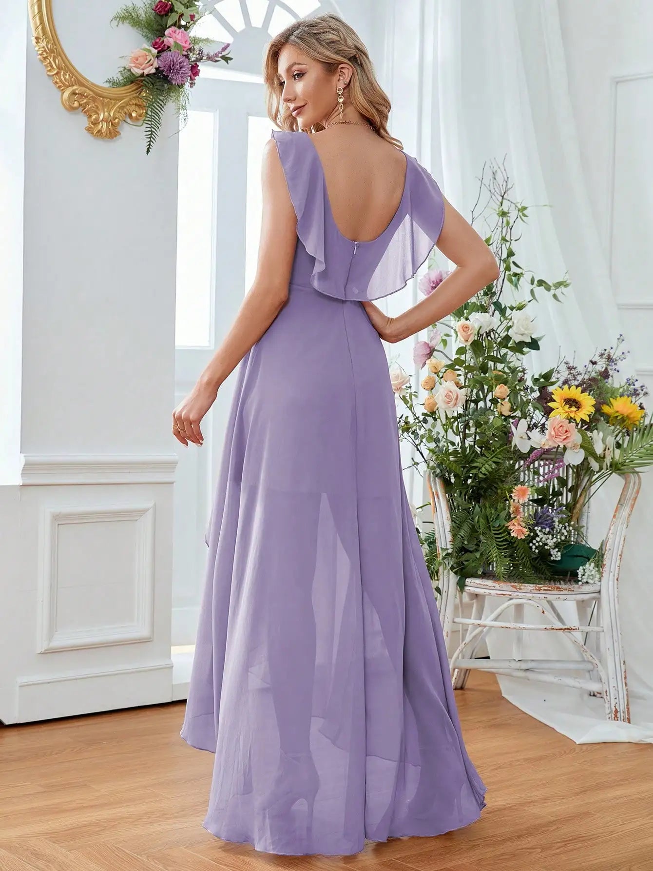 Mgiacy Surplice Front Ruffle Trim Prom Dress