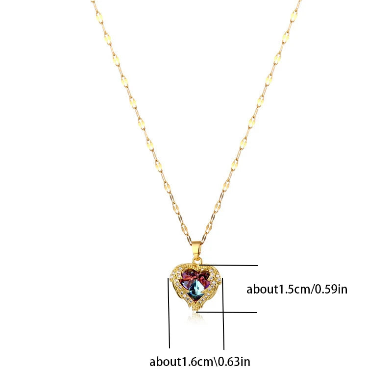 Colorful Crystal Ocean Heart Pendant Necklace Jewelry