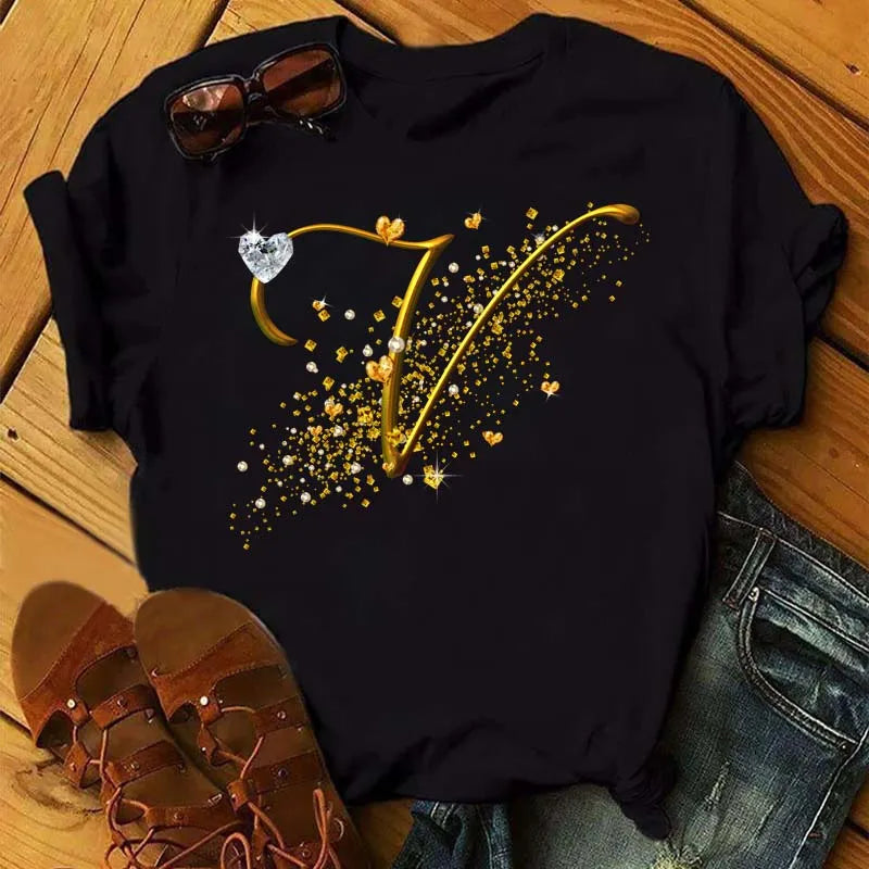 Custom Letter Combination Diamond Gold Letter T-shirt