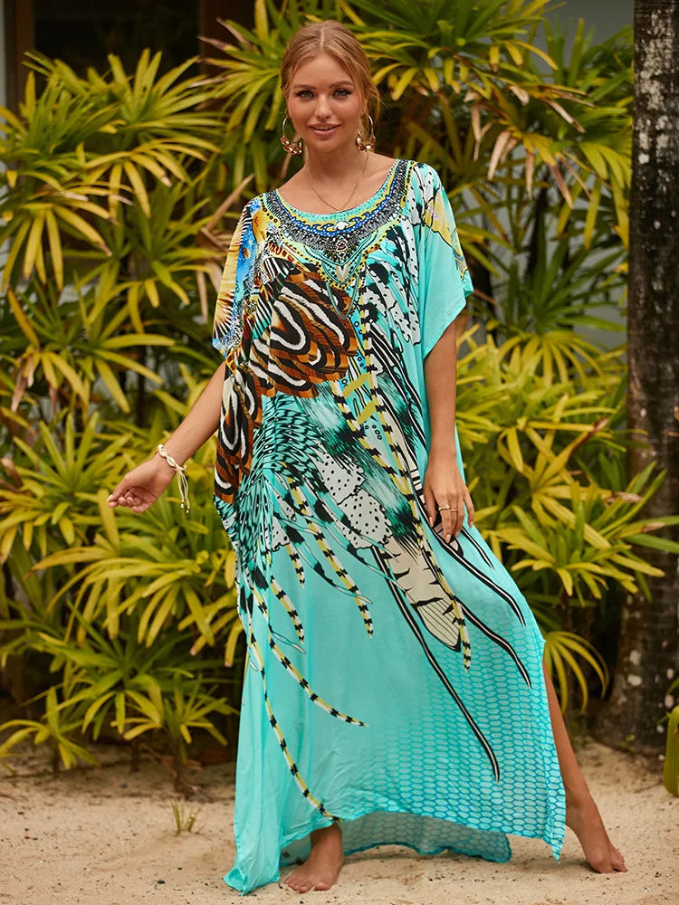 Long Caftans Print Bathing Suit Cover Up Beach Maxi Dress Abaya
