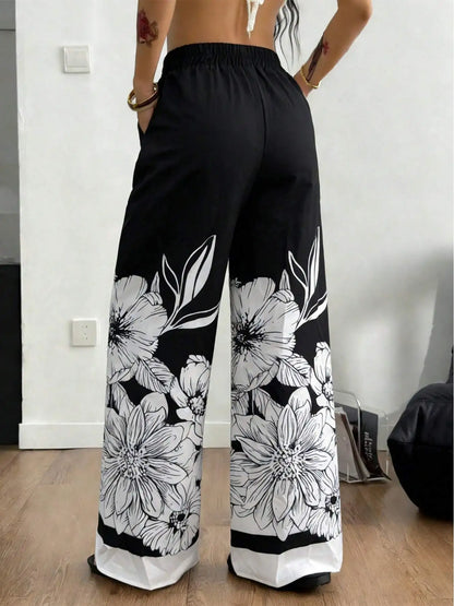 Large-Sized Printed Casual Tie Waist Wide-Leg Pants