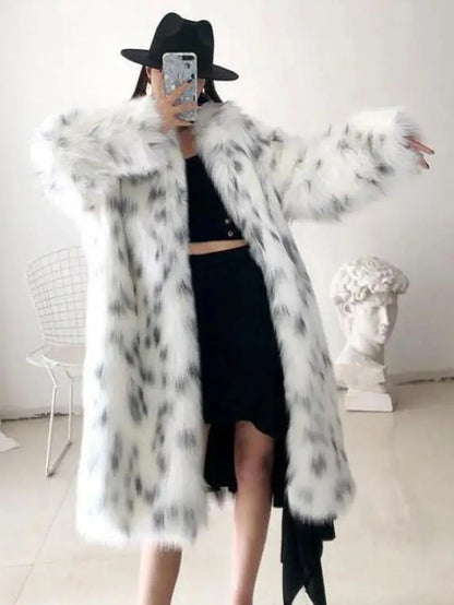 Faux Fur Long Warm White Leopard Print Long Sleeve Lapel Fox Fur Coat