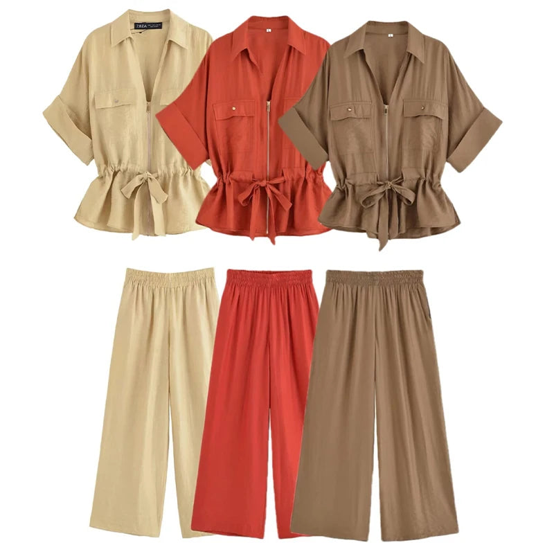 Solid Front Zipper Shirts & Vintage Pants Sets