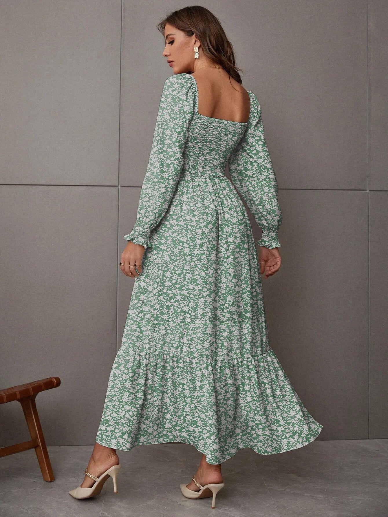 Ruched Ruffle Hem Elegant Shirred Backless Long Dress