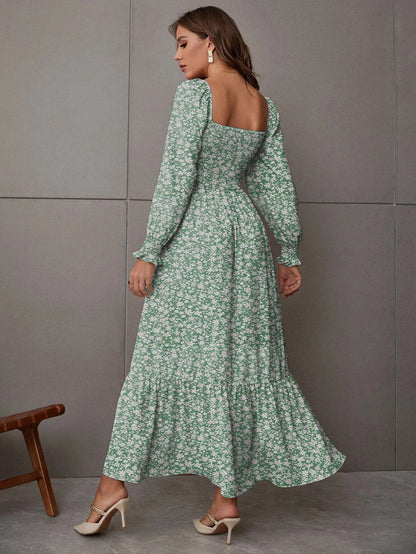 Ruched Ruffle Hem Elegant Shirred Backless Long Dress