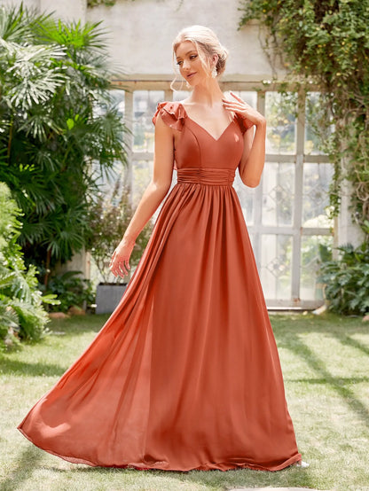 Mgiacy V-neck cap sleeve ruffle lace Extra long evening gown Ball dress