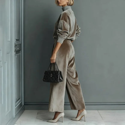 High Collar Gold Velvet Long Sleeve Casual Sports Wide Leg Set