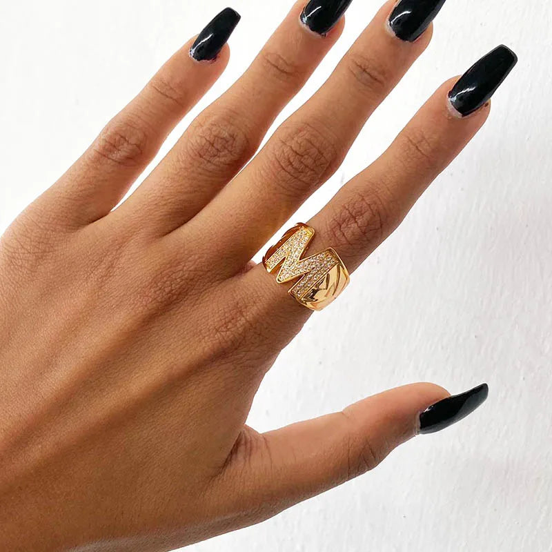 Chunky Wide Zircon Initial Letter Rings