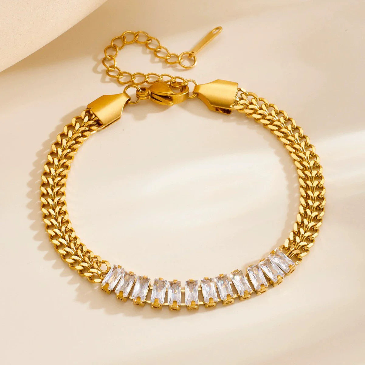 Stainless Steel 2 Rows Embedded Zircon Crystal Thick Chain Bracelets