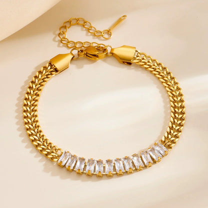 Stainless Steel 2 Rows Embedded Zircon Crystal Thick Chain Bracelets
