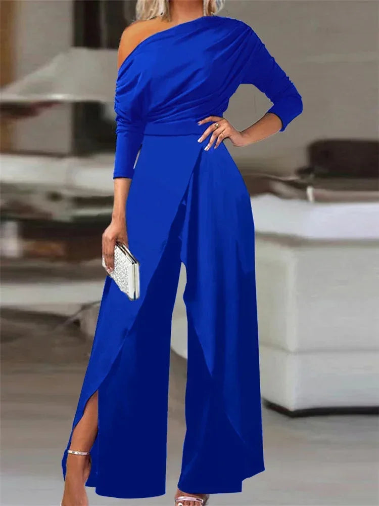 Elegant Loose Ruched Cold Shoulder Wide Leg Jumpsuit