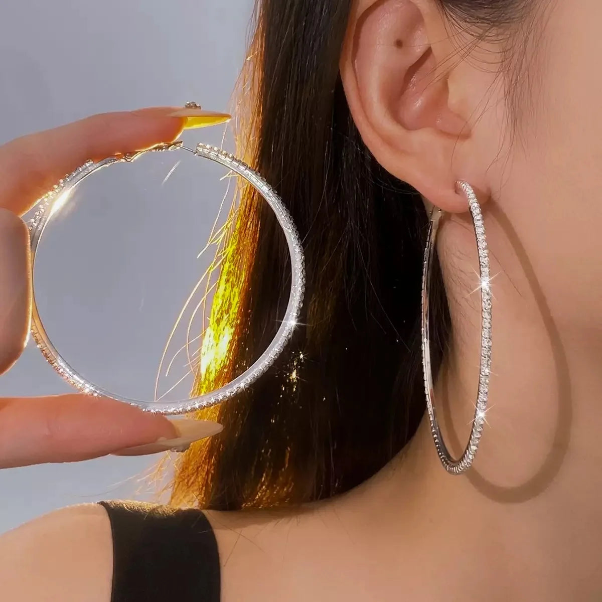 Rhinestones Shiny Crystal Big Round Hoop Earrings