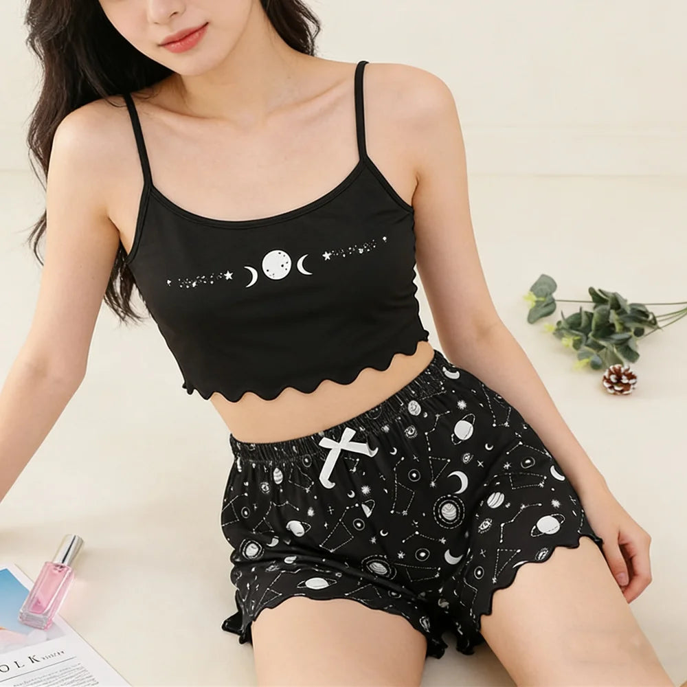 Star Moon Printed Sleeveless Sling Crop Tops and Shorts Sleepwear Pajamas Set