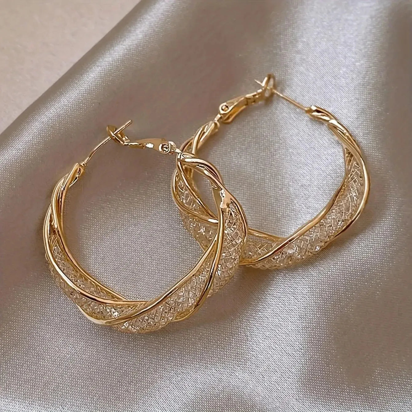 Exaggerate Shiny Mesh Rhinestones Hoop Earrings