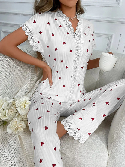 Lace Short Sleeve Cherry Sleepwear Pajama Set