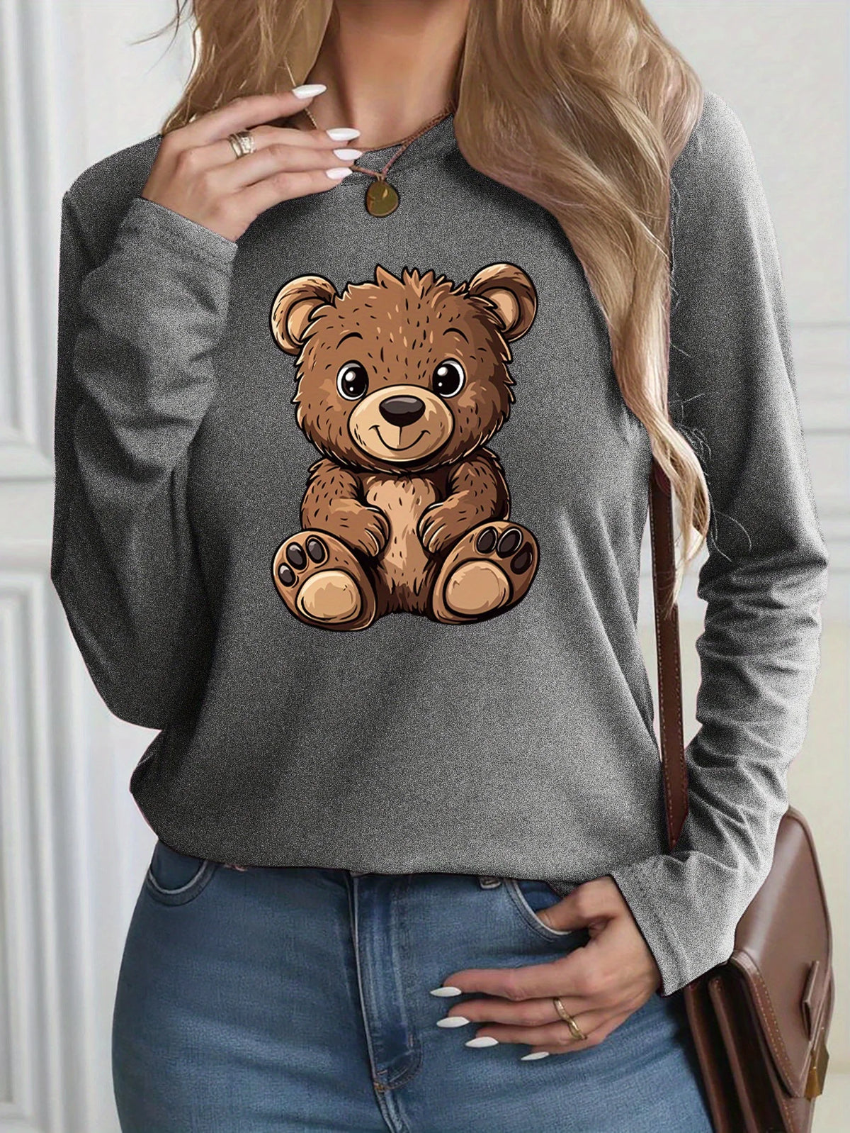 100% Pure Cotton Loose Letter Dog Print Round Neck Long Sleeved T-Shirt