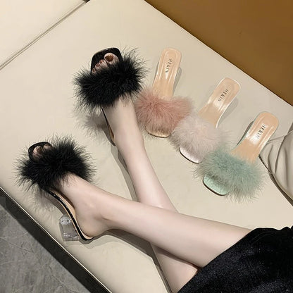 Fox Fur Chunky Flip Flops Sexy Home Slipper