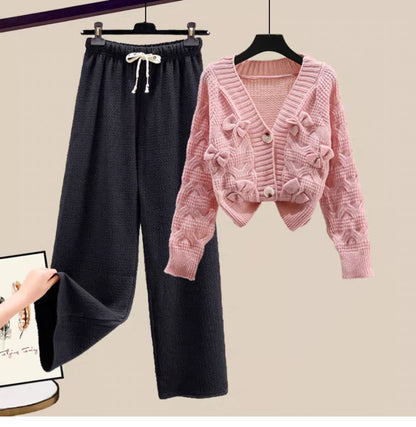 Korean Sweet Bow Outfit Long Sleeve Cardigan Knitwear Wide Leg Pants Set
