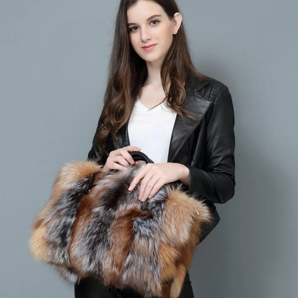 Real Fox Fur Large Size Plush Crossbody Luxury Handbags Fluffy Tote Bag