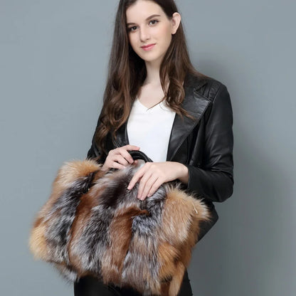 Real Fox Fur Large Size Plush Crossbody Luxury Handbags Fluffy Tote Bag