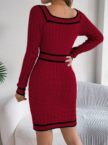 Elegant Square Collar Button Long Sleeve Dress
