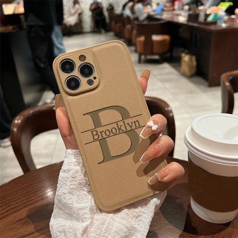 Initials Plus Big Letter Laser Engraving Leather iPhone Cover