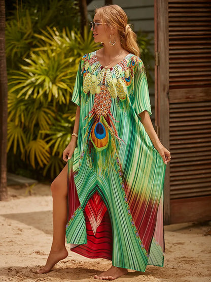 Long Caftans Print Bathing Suit Cover Up Beach Maxi Dress Abaya