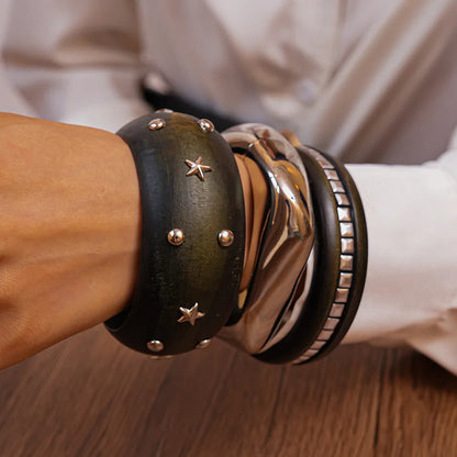 Natural Wooden Square Round Hip Hop  Rivet Beads Wide Bangles Bracelet
