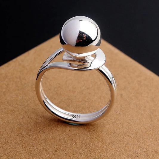 Sam Panda 925 Sterling Silver Simple Vintage Big Ball Ring