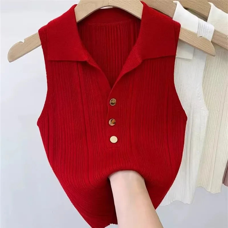 Slim Versatile Camisole Polo Lapel Vest Ice Silk Knit Sleeveless