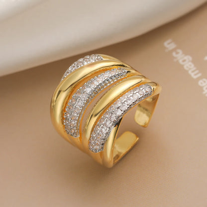 Gold/Silver Geometric Shiny AAA CZ Inlay Copper Rings